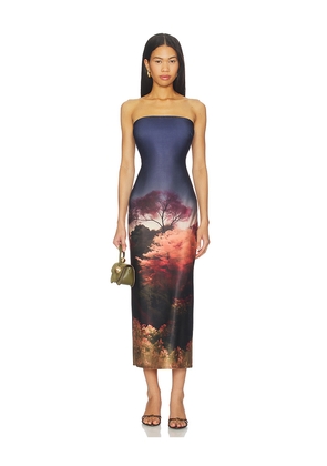 Katie May Enigma Strapless Slim Midi Dress in Navy,Orange. Size L. Also in XXS, XS, S, M, XL.