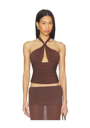 Mimchik Piper Knotted Halter Top in Chocolate. Size 2. Also in 4, 6.