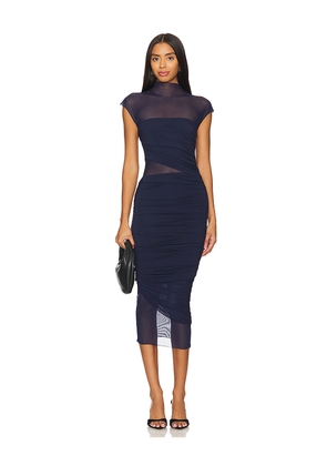 SEROYA Tabitha Mesh Ruched Midi Dress in Navy. Size L. Also in M, S, XS, XXS.