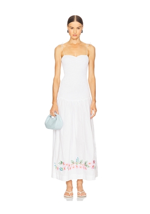 SWF Shirred Embroidered Drop Hem Maxi Dress in White. Size L. Also in XS, S, M, XL.