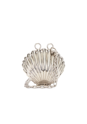 petit moments Shell Chain Clutch in Metallic Silver.