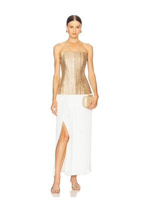Prabal Gurung Strapless Straight Neck Sequin Dress W/ Plisse Skirt in Metallic Gold,White. Size 0. Also in 2.