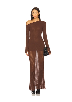 SEVEN WONDERS Greta One Shoulder Maxi Dress in Chocolate. Size L. Also in S, XS, M, XL.