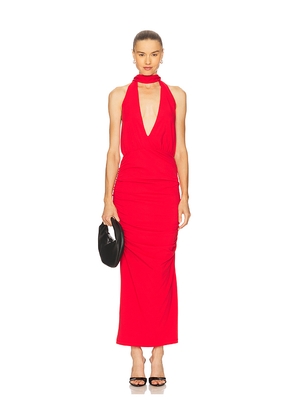 Rowen Rose Plunge Maxi Dress in Red. Size 34/0. Also in 36/2, 38/4, 42/8.