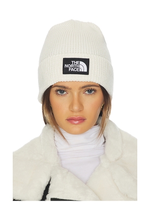 The North Face Logo Box Cuffed Beanie in White.