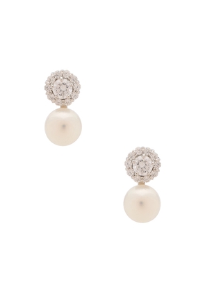 SHASHI Halo Stud Pearl Drop Earring in Metallic Silver.