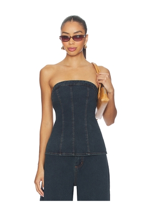 SNDYS Lex Denim Corset Top in Blue. Size L. Also in M, S, XL, XS, XXL, XXS.