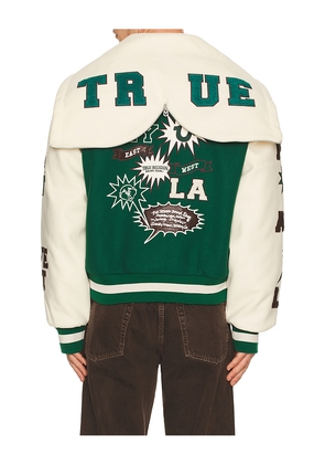 True Religion Retro Wool Varsity Jacket in Green,White. Size L. Also in S, XL/1X, M.