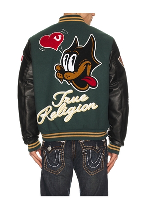 True Religion Cat Lover Varsity Jacket in Green. Size L. Also in S, M, XL/1X.