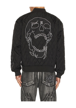 Revenge Skull Logo Quilted Bomber Jacket in Black. Size L. Also in S, M, XL/1X.