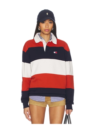 Tommy Jeans Relaxed Badge Stripe Rugby in Blue,Red. Size L. Also in M, S, XL/1X, XS.