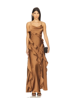 AMUR Ellen Ruffle Gown in Brown. Size 0. Also in 2, 4, 6, 8.
