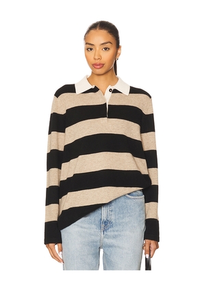 White & Warren Cashmere Rugby Stripe Polo in Black,Taupe. Size L. Also in XS, S, M.