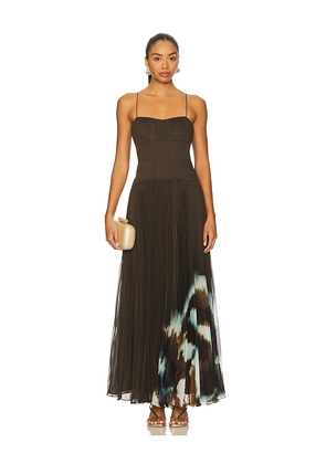 AMUR Sue Pleated Gown in Brown. Size 2. Also in 4.
