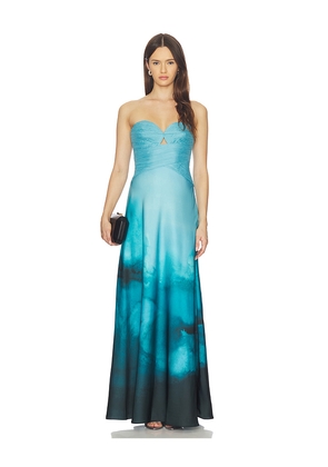 AMUR Cova Printed Gown in Blue. Size 0. Also in 2, 4, 6, 8.