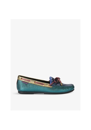 Womens Kurt Geiger London Eagle Bow-Embellished Metallic-Leather Moccasins