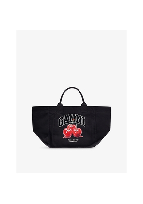 Womens Ganni Cherry-Print Xxl Cotton-Canvas Shopper Tote Bag