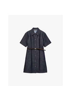 Womens Prada Short-Sleeve Belted Denim Mini Dress
