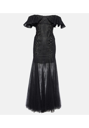 Costarellos Ruffled lace and tulle gown