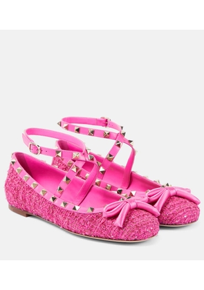 Valentino Garavani Rockstud leather-trimmed boucle ballet flats
