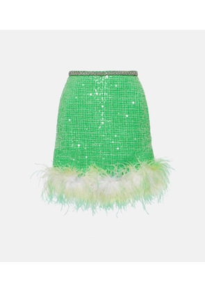 Self-Portrait Feather-trimmed sequined boucle miniskirt