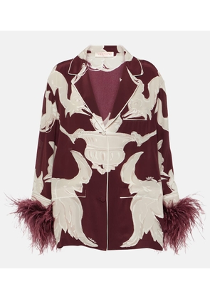 Valentino Printed feather-trimmed silk crepe de chine blouse