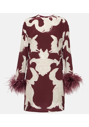 Valentino Printed feather-trimmed silk minidress