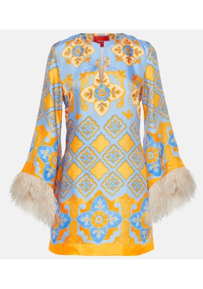 La DoubleJ Printed feather-trimmed silk minidress