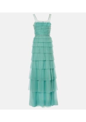Costarellos Kali embellished tulle-trimmed plisse gown