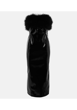 Blumarine Feather-trimmed faux leather midi dress