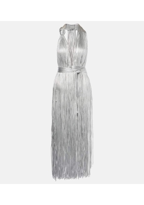 Area Fringed metallic-effect jersey gown