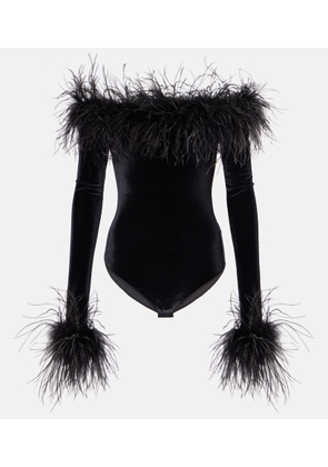 Oseree Feather-trimmed velvet bodysuit
