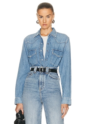 Citizens of Humanity Cropped Western Shirt in Carolina Blue - Denim-Light. Size L (also in S, M, XL).