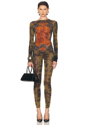 Jean Paul Gaultier Médaillon Mesh Printed Catsuit in Black  Khaki  & Orange - Army,Orange. Size S (also in ).