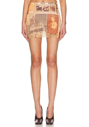 Jean Paul Gaultier Mesh Printed Journal Mini Skirt in Ecru  Light Grey  & Red - Brown. Size M (also in XL, XS).