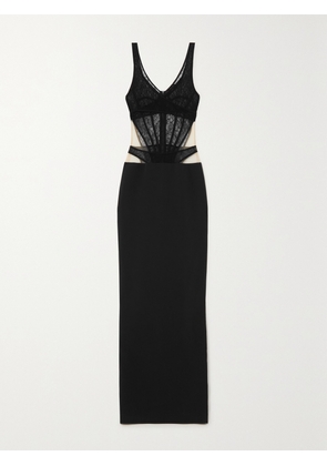 DAVID KOMA - Cutout Lace And Cady Maxi Dress - Black - UK 6,UK 8,UK 10,UK 12,UK 14