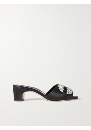 Manolo Blahnik - Prinap 50 Crystal-embellished Ruched Satin Mules - Black - IT35,IT35.5,IT36,IT36.5,IT37,IT37.5,IT38,IT38.5,IT39,IT39.5,IT40,IT40.5,IT41,IT41.5,IT42,IT43