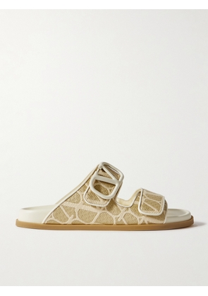 Valentino Garavani - Vlogo Embellished Leather-trimmed Canvas-jacquard Slides - Neutrals - IT36,IT36.5,IT37,IT37.5,IT38,IT38.5,IT39,IT39.5,IT40,IT40.5,IT41,IT42
