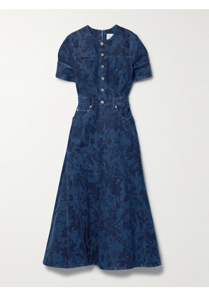 Erdem - Leather-trimmed Floral-print Denim Midi Dress - Blue - UK 4,UK 6,UK 8,UK 10,UK 12,UK 14,UK 16,UK 18,UK 20