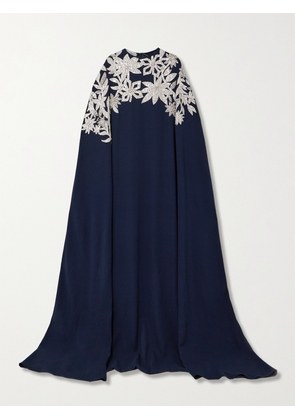 Oscar de la Renta - Cape-effect Embellished Stretch-silk Crepe Gown - Blue - x small,small,medium,large,x large