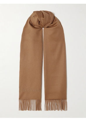 SAINT LAURENT - Fringed Embroidered Cashmere Scarf - Brown - One size