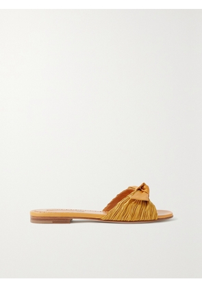 Manolo Blahnik - Notamu Bow-detailed Plissé-satin And Leather Slides - Yellow - IT35,IT36,IT36.5,IT37,IT37.5,IT38,IT38.5,IT39,IT39.5,IT40,IT40.5,IT41,IT42