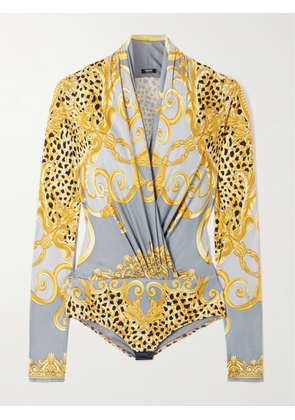 Versace - Draped Printed Satin-jersey Bodysuit - Yellow - IT36,IT38,IT40,IT42,IT44,IT46,IT48