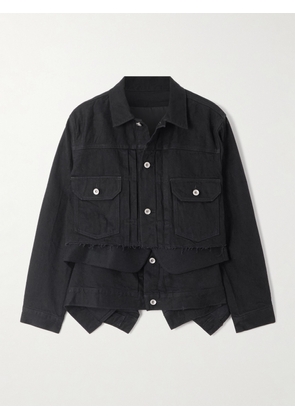 Sacai - Layered Frayed Wool Felt-trimmed Denim Jacket - Black - 1,2,3,4