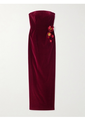 Oscar de la Renta - Strapless Appliquéd Cotton-blend Velvet Gown - Burgundy - US2,US4,US6,US8