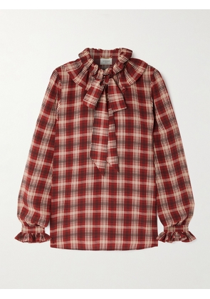 SAINT LAURENT - Pussy-bow Ruched Checked Silk Blouse - Red - FR 34,FR 36,FR 38,FR 40