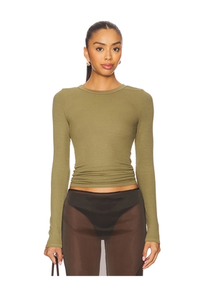 Enza Costa Silk Knit Long Sleeve Crew Top in Olive. Size L. Also in S.