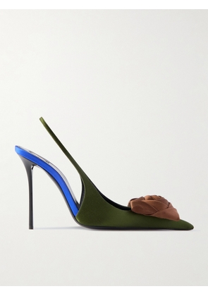 SAINT LAURENT - Amalia Appliquéd Satin Slingback Sandals - Green - EU 35,EU 35.5,EU 36,EU 36.5,EU 37,EU 38,EU 41.5,EU 42