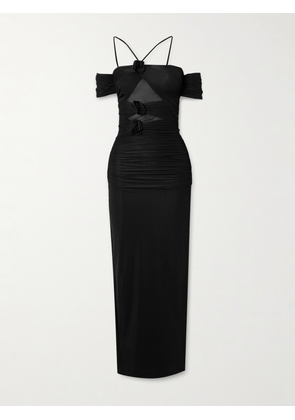 Maygel Coronel - Abisso Appliquéd Cutout Ruched Stretch-jersey Maxi Dress - Black - XXS/XS,S/M,M/L
