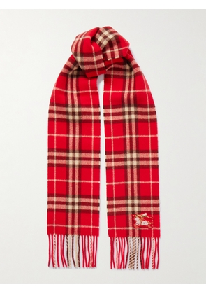 Burberry - Appliquéd Fringed Metallic Checked Cashmere-blend Scarf - Red - One size